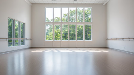 Bright and Spacious Dance Studio with Large Windows Overlooking Lush Greenery Ideal for Classes Rehearsals and Creative Movement Sessionsの素材