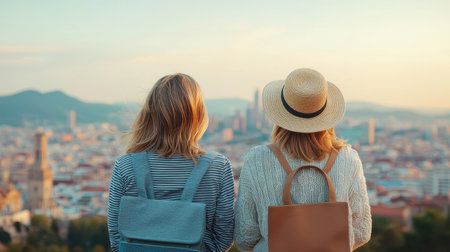 Two Women Enjoying a Sunset View Over a Cityscape with Mountains in the Background, Capturing a Moment of Friendship and Adventure Togetherの素材