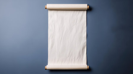 Blank parchment scroll on blue background for presentations, invitations, artwork display, or creative projects in a modern minimalist designの素材