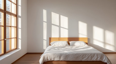 Cozy bedroom with natural light, large windows casting shadows on a neatly made bed, warm wooden accents, and minimalist design for a serene atmosphereの素材