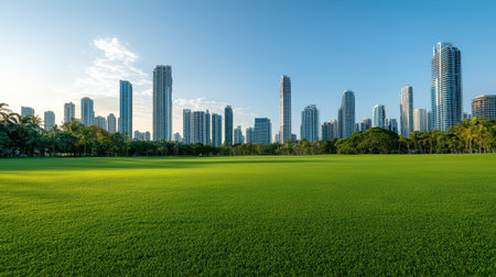 Urban Skyline with Skyscrapers Surrounded by Lush Green Field and Clear Blue Sky in a Modern City Landscapeの素材