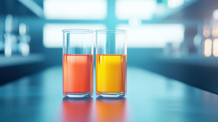 Vibrant orange and yellow drinks in clear glasses on a sleek tabletop with blurred background, showcasing modern beverage presentation and colorsの素材
