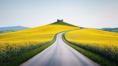 Scenic Landscape of Rolling Hills with Vibrant Yellow Fields Leading to a Historic Castle on a Bright Sunny Dayの素材