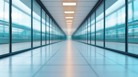 Modern hallway with glass walls and bright lights creating a spacious, inviting atmosphere, perfect for office or commercial settingsの素材