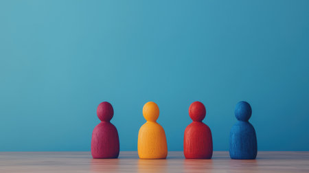 Colorful wooden figurines representing diversity and inclusion against a blue background ideal for illustrating teamwork and collaboration themes in mediaの素材