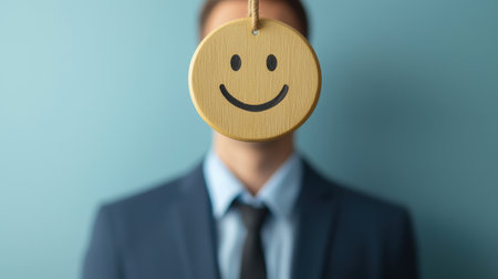 Professional man in suit holding a wooden smiley face decoration in front of face, symbolizing happiness and positivity in the workplace and everyday lifeの素材