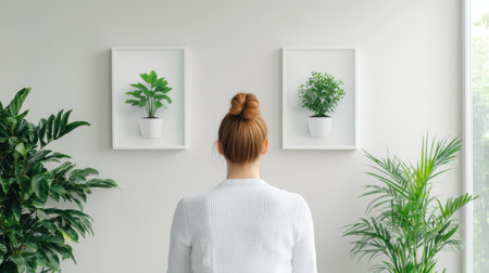 Woman Meditates in Front of Wall With Indoor Plants in Simple Pots Creating a Serene and Calming Atmosphere in Modern Interior Designの素材