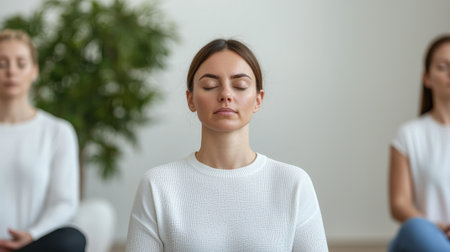 Group of Women Practicing Mindfulness Meditation in a Calm Indoor Setting for Wellness and Self-Reflectionの素材