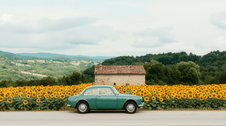 Vintage green car parked next to a vibrant sunflower field and rustic house against a picturesque countryside landscape in the backgroundの素材