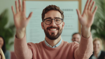 Smiling man with glasses raising hands in an office setting, expressing excitement and enthusiasm during a presentation or meeting with coworkers.の素材