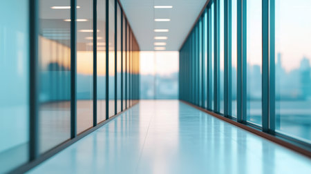 Modern office corridor with glass walls and natural light highlighting sleek design and spacious environment for corporate settings during sunsetの素材