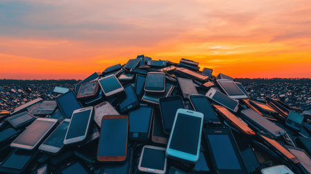 A Pile of Discarded Mobile Phones Against a Glowing Sunset Sky, Highlighting the Growing Issue of Electronic Waste Management and Recycling Challengesの素材