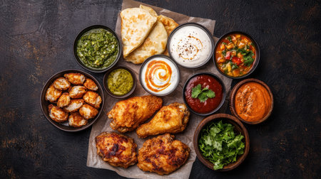Delicious assortment of Indian cuisine featuring vibrant dishes, fresh herbs, flavorful sauces, crispy bread, and tender chicken, perfect for food lovers and gatheringsの素材