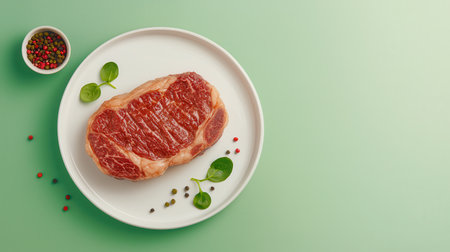 Fresh Raw Beef Steak with Marbling on White Plate Surrounded by Green Leafy Herbs and Colorful Peppercorns on Soft Green Backgroundの素材
