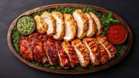 Deliciously Grilled Chicken Platter with Herb Sauce and Red Sauce on Dark Stone Background Perfect for Barbecue or Dining Eventの素材