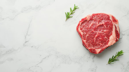 Fresh Ribeye Steak on Marble Surface with Green Herbs Ready for Cooking and Grilling in Kitchen Environment for Culinary Backgroundの素材