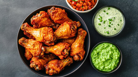 Delicious Fried Chicken Drumsticks Served with Fresh Dipping Sauce and Colorful Salsa on Dark Background for Food Photography and Culinary Creationsの素材