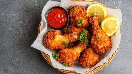 Crispy Golden Fried Chicken Drumsticks Served with Fresh Lemon Wedges and Spicy Tomato Sauce on a Rustic Gray Backgroundの素材