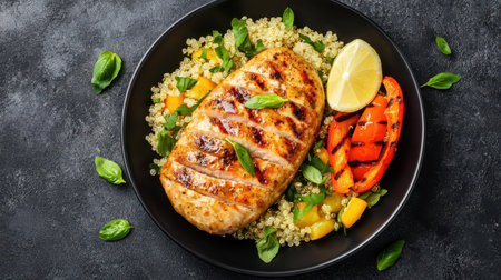 Grilled chicken breast on quinoa with vegetables and lime wedge, healthy meal served in black bowl, fresh herbs and colorful presentationの素材