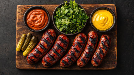 Grilled sausages served with mustard, ketchup, fresh greens, pickles, and vibrant sauces on rustic wooden board, perfect for summer cookouts and BBQ gatheringsの素材