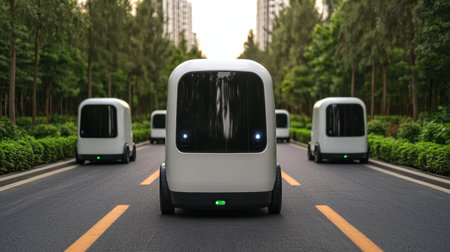 Futuristic Autonomous Vehicles on Urban Road Surrounded by Greenery in Smart City Environment with High-Rise Buildings in Backgroundの素材