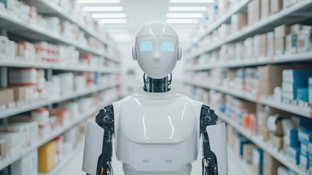 Humanoid robot stands in an aisle of a modern retail store surrounded by shelves filled with products creating a futuristic shopping experienceの素材