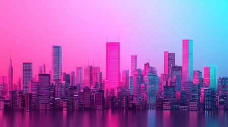 Futuristic Cityscape with Stunning Pink and Blue Gradient Sky, Modern Skyscrapers Reflecting in Water, Dreamlike Urban Atmosphereの素材
