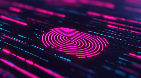 Abstract digital fingerprint on a futuristic background with vibrant neon colors and motion lines representing technology and identity verification systemsの素材