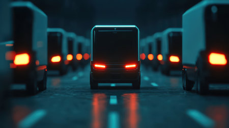 Futuristic Delivery Trucks on a Dark Urban Road at Night with Glowing Red Lights and an Enigmatic Atmosphereの素材