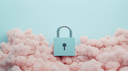 Modern padlock surrounded by soft pink clouds on a pastel blue background representing security, protection, and digital privacy concepts in a contemporary styleの素材