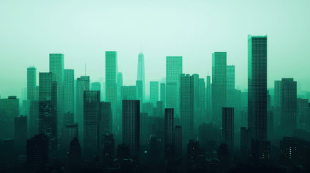 Urban Skyline with Modern Buildings in a Greenish Hue, Foggy Cityscape, Architectural Structures and Tall Towers, Evening Atmosphere, Minimalist Aestheticの素材