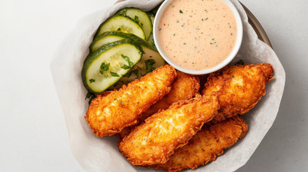 Crispy Fried Fish Fillets Served with Slices of Fresh Cucumber and Tangy Dipping Sauce in a Rustic Bowl on a Light Backgroundの素材