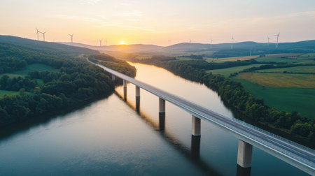 Aerial View of a Scenic River Bridge at Sunset Surrounded by Lush Green Hills and Wind Turbines in the Backgroundの素材