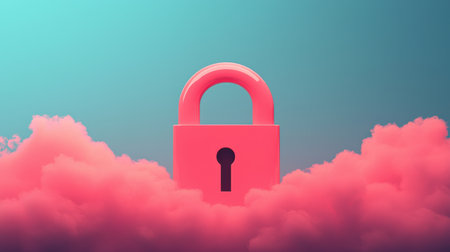 Bright Pink Padlock Surrounded by Soft Pink Clouds Against a Light Blue Background Symbolizing Security and Protection in a Dreamy Settingの素材