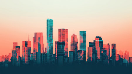 Vibrant Urban Skyline at Dusk with Artistic Color Gradients and Modern Architecture Silhouetted Against a Soft Gradient Skyの素材