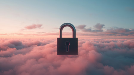 Ethereal Landscape of a Lock Floating Above a Sea of Clouds at Dusk with Vibrant Sky Colors and Serene Atmosphere Reflecting on Security and Freedomの素材
