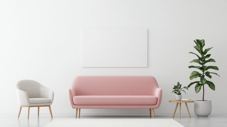 Modern living room with pink couch, minimalist decor, plant, neutral tones, and empty canvas on wall for creative artistic expression and interior design inspirationの素材
