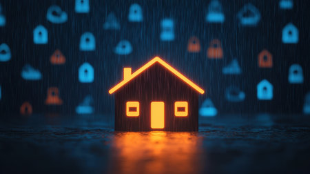 A glowing house icon amidst a rainy backdrop filled with digital lock symbols, symbolizing home security and protection.の素材