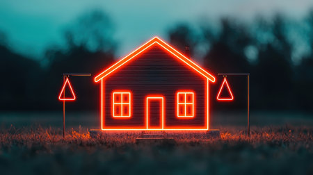 A glowing neon house outline on a grassy field at dusk, showcasing a modern and artistic interpretation of a traditional home.の素材