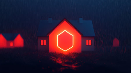 A glowing hexagonal shape shines ominously on a house in a dark, rainy landscape, creating an eerie atmosphere.の素材