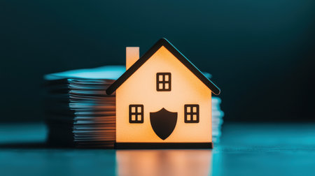 A glowing house figurine with a shield, symbolizing home security, stands atop a stack of papers, suggesting financial or insurance documents.の素材