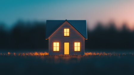 A cozy, illuminated house stands against a soft twilight backdrop, evoking warmth and comfort in a serene landscape.の素材