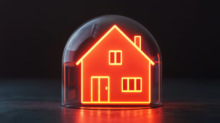 A glowing red house inside a transparent dome, symbolizing safety and home security in a modern design.の素材