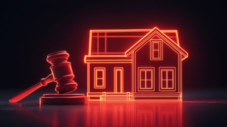 A glowing, digital representation of a house next to a gavel, symbolizing real estate law and property auctions.の素材