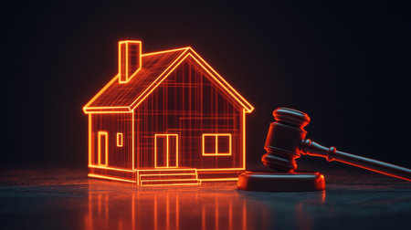 A glowing orange house model beside a gavel, symbolizing real estate law and property disputes.の素材