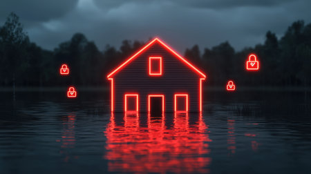 A glowing outline of a house is surrounded by water, with icons symbolizing security and safety in a dark, stormy setting.の素材