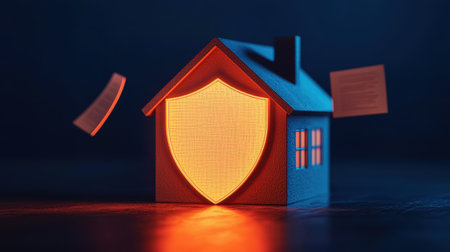 A glowing house model with a shield symbol represents home security and protection, emphasizing safety in a visually striking manner.の素材