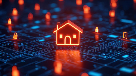 A glowing house icon surrounded by digital locks on a circuit board, symbolizing smart home security and technology integration.の素材