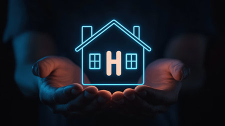 A glowing house icon with the letter "H" is cradled in hands, symbolizing home, care, and support.の素材