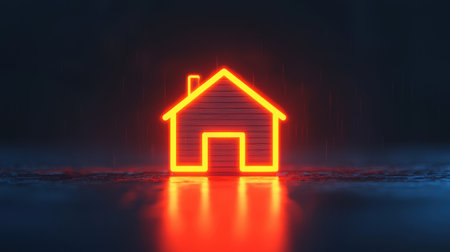A glowing neon house symbol against a dark background, reflecting on the surface, evoking warmth and a sense of home.の素材